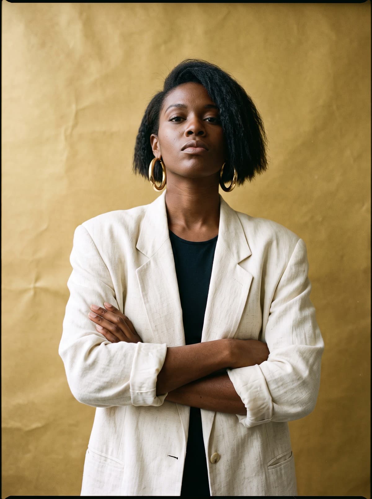 Portrait of a woman with an asymmetrical bob, large gold hoop earrings and an oversized cream blazer, arms folded, in front of a gold backdrop