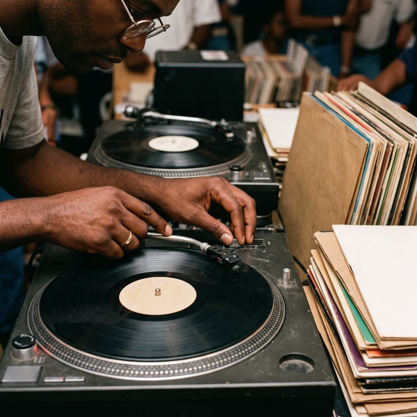 Close-up of a man in glasses setting a needle on a record at a pair of turntables beside crates of records