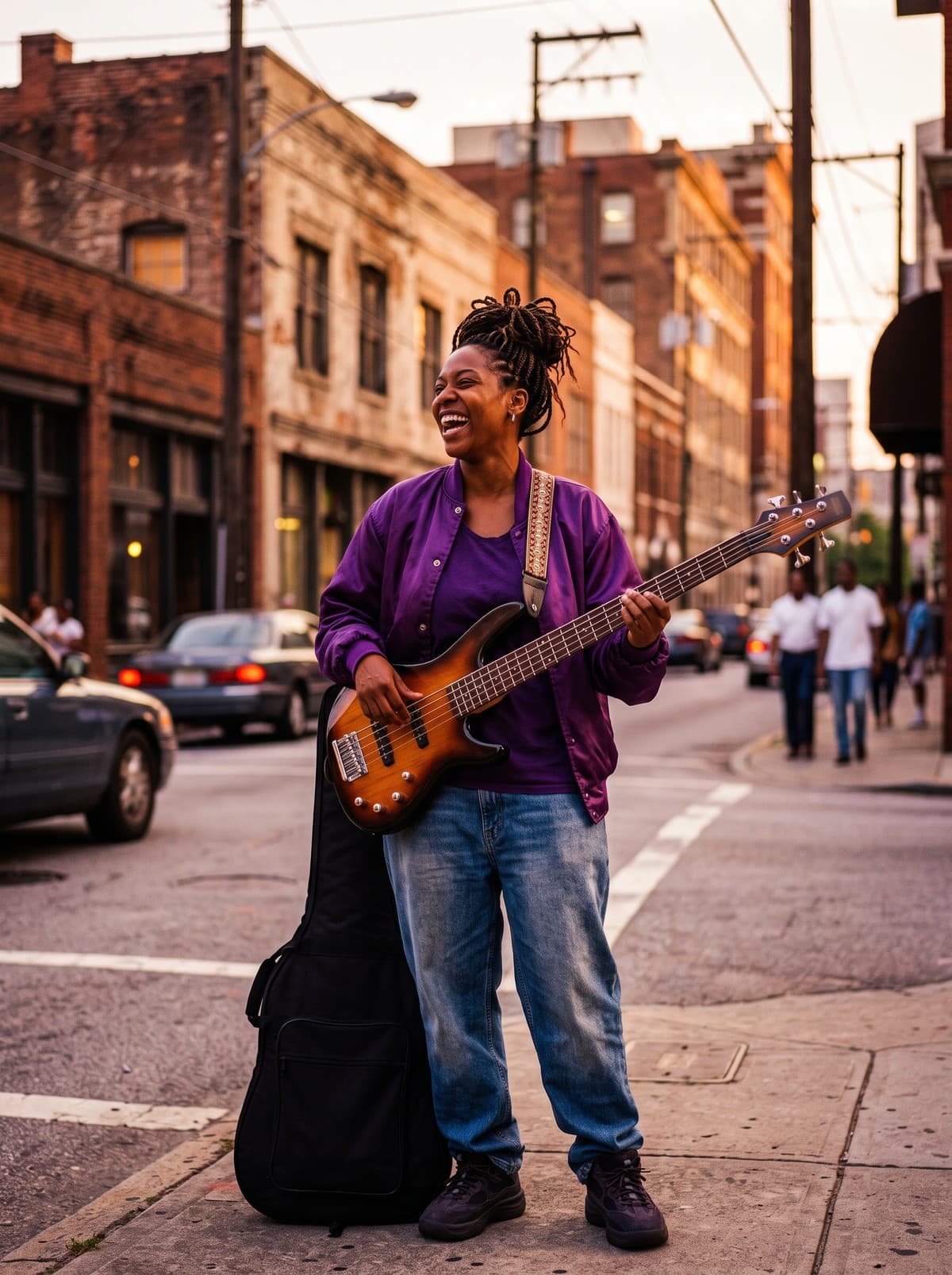 A laughing woman with braids, in a purple satin bomber jacket, playing a sunburst bass guitar on a city street at dusk
