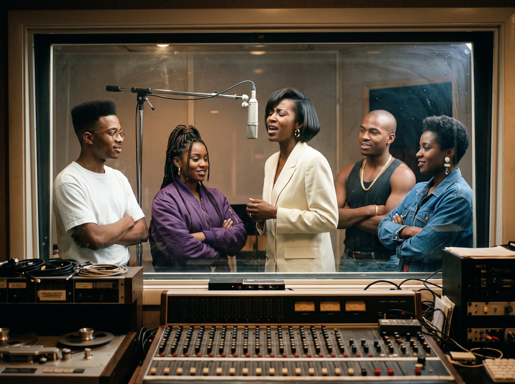 Five musicians in a vocal booth seen through the control-room glass; the woman in the cream blazer sings at the microphone while the others listen